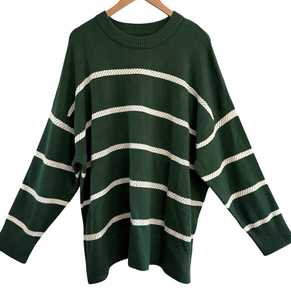 Aerie Crew Neck Oversized Striped Green Sweater Women’s Sz XXL Christmas Holiday